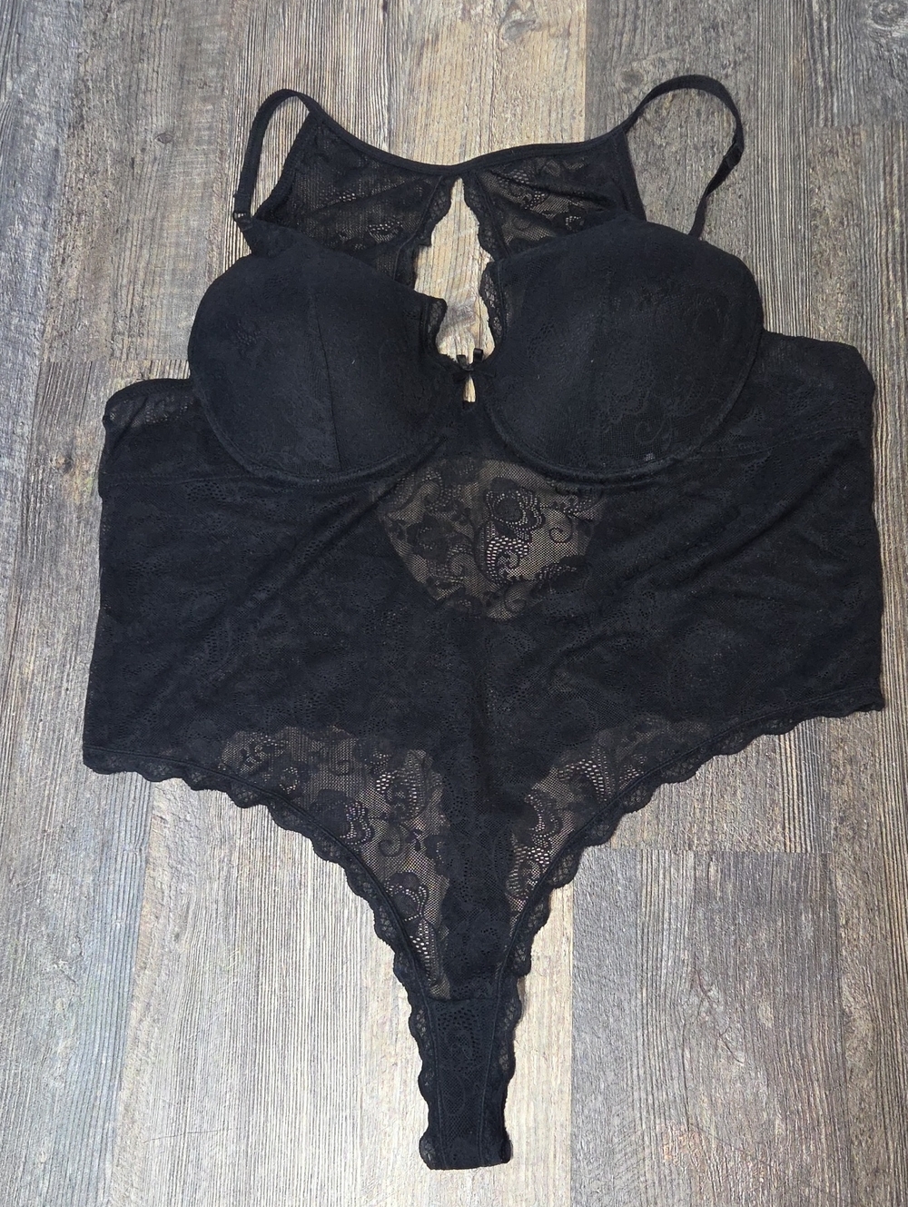 La Vie En Rose Black Lace Longline Push-Up Bodysuit